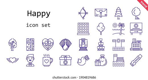 happy icon set. line icon style. happy related icons such as gift, pigeon, cotton candy, groom, pine, tree, heart, drink, flute, cupid, turkey, beach, cashier, tic tac toe, champagne, train, gifts
