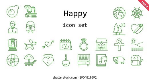 happy icon set. line icon style. happy related icons such as audiobook, egg, engagement ring, cross, caramelized apple, trees, heart, pig, bookworm, cupid, spider web, help, planet earth, sunbed