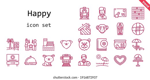 happy icon set. line icon style. happy related icons such as love, audiobook, monkey, mummy, employee, dinner, friends, heart, help, fishbowl, sunbed, postcard, cake, beach, rabbit, tic tac toe, bear