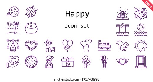 happy icon set. line icon style. happy related icons such as gift, garland, cookie, balloons, tree, librarian, snowing, girl, sun, heart, ball, squirrel, swing, plumber, cake, beach, ballons
