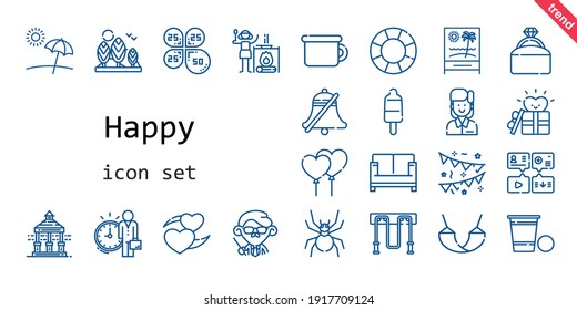 happy icon set. line icon style. happy related icons such as gift, veranda, sofa, potty, balloons, engagement ring, tree, message, employee, float, garlands, bell, petals, heart, popsicle