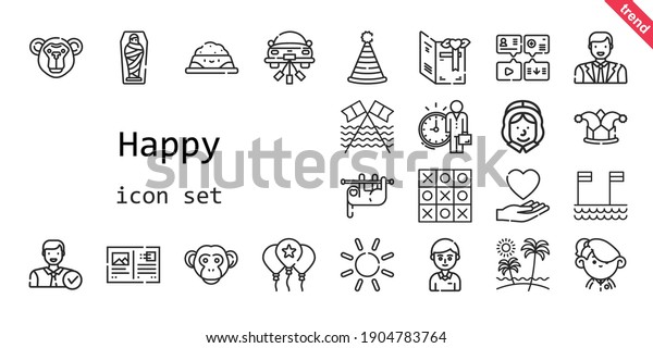 happy icon set. line icon style. happy related icons\
such as love, pet food, balloon, monkey, student, mummy, pilgrim,\
employee, message, sloth, sun, wedding car, postcard, party hat,\
tic tac toe