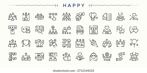 Happy icon set in linear style. Line symbol and sign. Contains such icons as surprise, party, anniversary, celebrate, holiday, present. Pixel perfect. Vector illustration. Present line icon set.