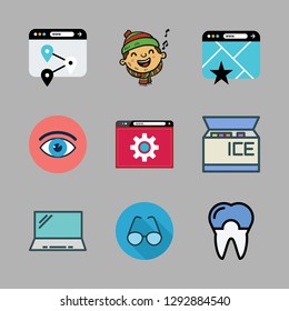 happy icon set. vector set about tooth, laptop, eye and boy icons set.