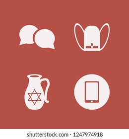 happy icon. happy vector icons set school book bag, jug with star of david, mobile phone and speech bubbles