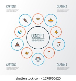 Happy icons colored line set with birthday dessert, pie, petard and other tart elements. Isolated vector illustration happy icons.