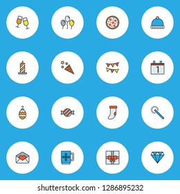 Happy icons colored line set with clink glasses, winter hat, italian pizza and other candle elements. Isolated vector illustration happy icons.