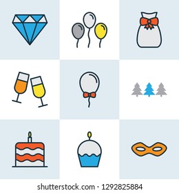 Happy icons colored line set with festive mask, helium, forest and other christmas trees elements. Isolated vector illustration happy icons.