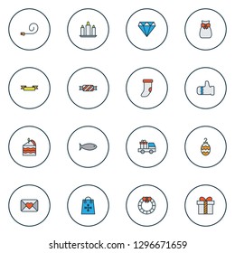 Happy icons colored line set with glove, cake piece, diamond and other bonbon elements. Isolated vector illustration happy icons.