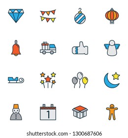 Happy icons colored line set with day 1, bunting, moon with star and other date elements. Isolated vector illustration happy icons.