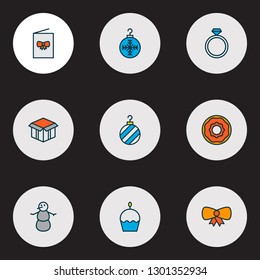 Happy icons colored line set with snowman, postcard, donut and other engagement elements. Isolated vector illustration happy icons.