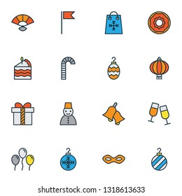 Happy icons colored line set with clink glasses, candy cane, donut christmas ball elements. Isolated vector illustration happy icons.