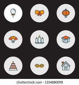 Happy icons colored line set with candle, helium, festive mask cake elements. Isolated vector illustration happy icons.