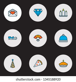 Happy icons colored line set with pizza slice, party hat, love letter and other beanie elements. Isolated vector illustration happy icons.