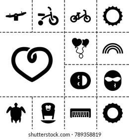 Happy icons. set of 13 editable filled happy icons such as child bicycle, swing, sun, heart, heart balloons, turtle  illsutration, rainbow, piano toy, cool emot in sunglasses