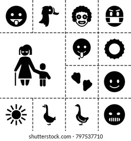 Happy icons. set of 13 editable filled happy icons such as goose, sun, smiling emot, angry emot, showing tongue emot, emoji showing tongue, clown, animal fang, emoji in mask