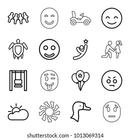 Happy icons. set of 16 editable outline happy icons such as goose, smile, smiling emot, angry emot, swing, children, balloon, winner, turtle  illsutration, sun cloud, bike