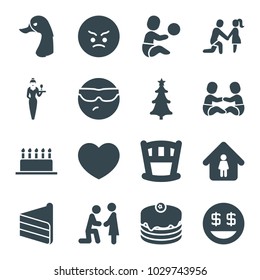 Happy icons. set of 16 editable filled happy icons such as man in home, cool emot in sunglasses, angry emot, dollar smiley, marriage proposal, baby bed, cake, christmas tree