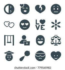Happy icons. set of 16 editable filled happy icons such as beanbag, sun, man with laptop, sad emot, cool emot in sunglasses, graduate emoji, carousel, heart face, love word
