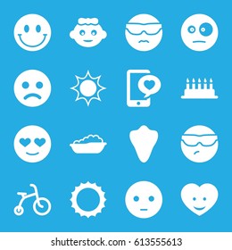 Happy icons set. set of 16 happy filled icons such as animal fang, baby girl, child bicycle, baby bath, sad emot, cool emot in sunglasses, heart face, phone with heart, sun