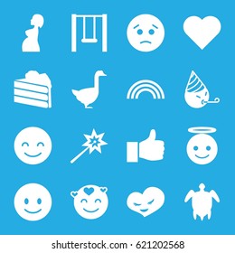 Happy icons set. set of 16 happy filled icons such as goose, smiling emot, sad emot, emoji angel, heart, pregnant woman, swing, turtle  illsutration, rainbow, thumbs up