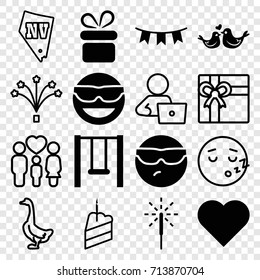 Happy icons set. set of 16 happy filled and outline icons such as present, emot in sun glasses, cool emot in sunglasses, lovebirds, party flag, sparkler, swing, goose, gift