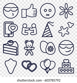 Happy icons set. set of 16 happy outline icons such as animal fang, sun, phone with heart, heart, bear teddy, party hat, cookie, easter egg, sad emot, cool emot in sunglasses