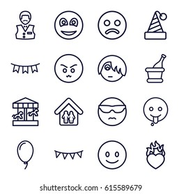 Happy icons set. set of 16 happy outline icons such as Casino boy, heart in fire, party flag, balloon, smiley, champagne, family home, smiling emot, cool emot in sunglasses