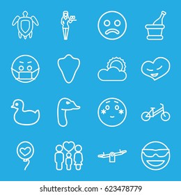 Happy icons set. set of 16 happy outline icons such as animal fang, goose, duck, child bicycle, swing, Casino girl, family, heart baloons, heart, sun, champagne