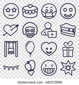 Happy icons set. set of 16 happy outline icons such as present, man with laptop, piece of cake, heart face, heart baloons, party flag, balloon, fireworks, laughing emot