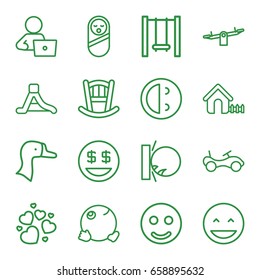Happy icons set. set of 16 happy outline icons such as goose, baby bed, baby food, bike, swing, house, man with laptop, heart, waterslide, laughing emot, heat the wall emot