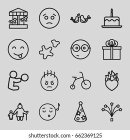 Happy icons set. set of 16 happy outline icons such as child bicycle, cake with one candle, lovebirds, heart in fire, fireworks, cookie, gift, party hat, sad emot