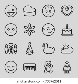 Happy icons set. set of 16 happy outline icons such as teddy bear, duck, piano toy, cake with one candle, sun, casino girl, family, heart, heart cake, party hat, sun cloud