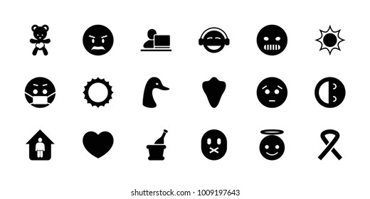 Happy icons. set of 18 editable filled happy icons: animal fang, goose, sad emot, angry emot, emoji angel, laughing emot, emoji, emoji in mask, sun, bear teddy, champagne
