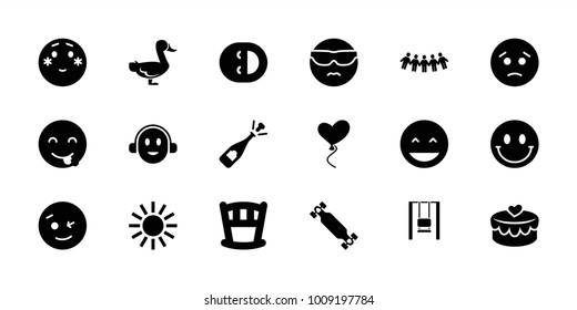 Happy icons. set of 18 editable filled happy icons: laughing emot, wink emot, shy emoji, opened champagne, baby bed, heart baloons, heart lock, skate board, smiley, goose, sun