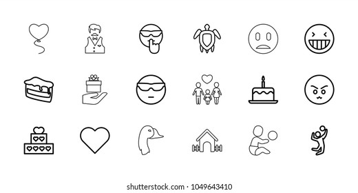 Happy icons. set of 18 editable outline happy icons: cake with one candle, heart, laughing emot, cool emot in sunglasses, cake, piece of cake, volleyball player
