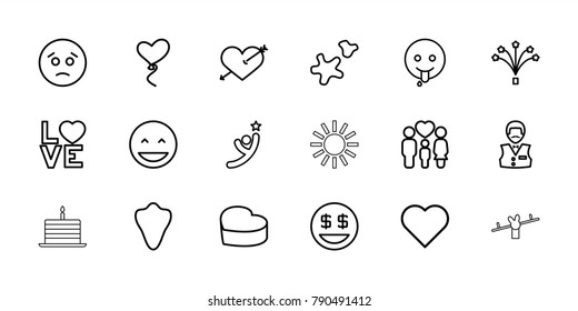 Happy icons. set of 18 editable outline happy icons: animal fang, casino boy, laughing emot, sad emot, heart with arrow, dollar smiley, emoji showing tongue, heart, family