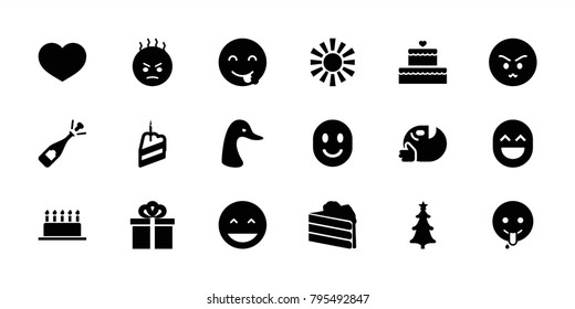Happy icons. set of 18 editable filled happy icons: goose, laughing emot, angry emot, emoji showing tongue, opened champagne, cake, christmas tree, piece of cake, gift, sun