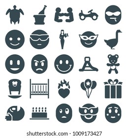 Happy icons. set of 25 editable filled happy icons such as goose, bike, casino girl, smiling emot, emoji in mask, cool emot in sunglasses, baby playing with another baby