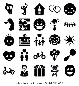 Happy icons. set of 25 editable filled happy icons such as beanbag, child bicycle, casino boy, vegas, blush, angry emot, emoji in mask, women couple, heart, present, balloon