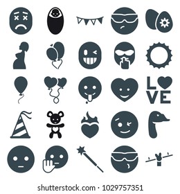 Happy icons. set of 25 editable filled happy icons such as goose, wink emot, sad emot, emoji showing tongue, heart face, love word, heart baloons, pregnant woman, party hat