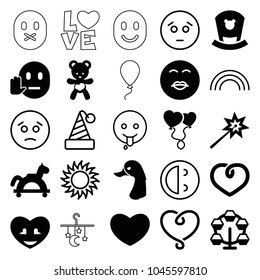 Happy icons. set of 25 editable filled and outline happy icons such as kiss emot, sparklers, carousel, toy horse, heart, heart balloons, bear teddy, sad emot