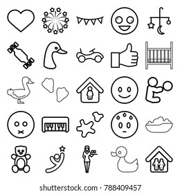 Happy icons. set of 25 editable outline happy icons such as goose, bed mobile, teddy bear, bike, piano toy, casino girl, man in home, crazy emot, smiling emot