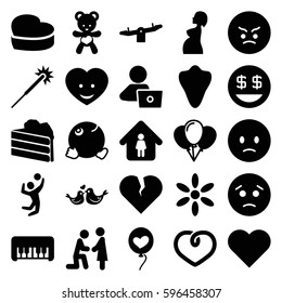 happy icons set. Set of 25 happy filled icons such as animal fang, piano toy, swing, sun, sparklers, man in home, man with laptop, sad emot, angry emot, dollar smiley
