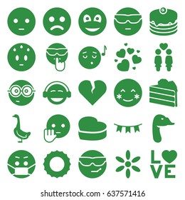 Happy icons set. set of 25 happy filled icons such as goose, sun, blush, sad emot, cool emot in sunglasses, emoji listening music, nerd emoji, cake, women couple, love word