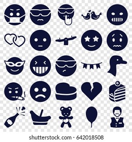 Happy icons set. set of 25 happy filled icons such as goose, swing, baby basket, casino boy, laughing emot, emoji in mask, sad emot, happe emoji with star eyes, piece of cake