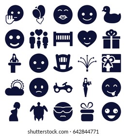 Happy icons set. set of 25 happy filled icons such as airport desk, baby bed, duck, bike, present, casino girl, gift, smiling emot, crazy emot, family, heart face