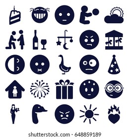 Happy icons set. set of 25 happy filled icons such as goose, bed mobile, sun, casino girl, man in home, sad emot, angry emot, nerd emoji, present, heart in fire, fireworks