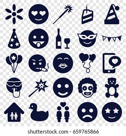 Happy icons set. set of 25 happy filled icons such as teddy bear, duck, sun, sparklers, emoji in mask, emot in love, kiss emot, happe emoji with star eyes, women couple