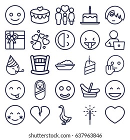 Happy icons set. set of 25 happy outline icons such as goose, baby food, baby bath, cake with one candle, gift, man with laptop, family, heart, heart lock, sparkler